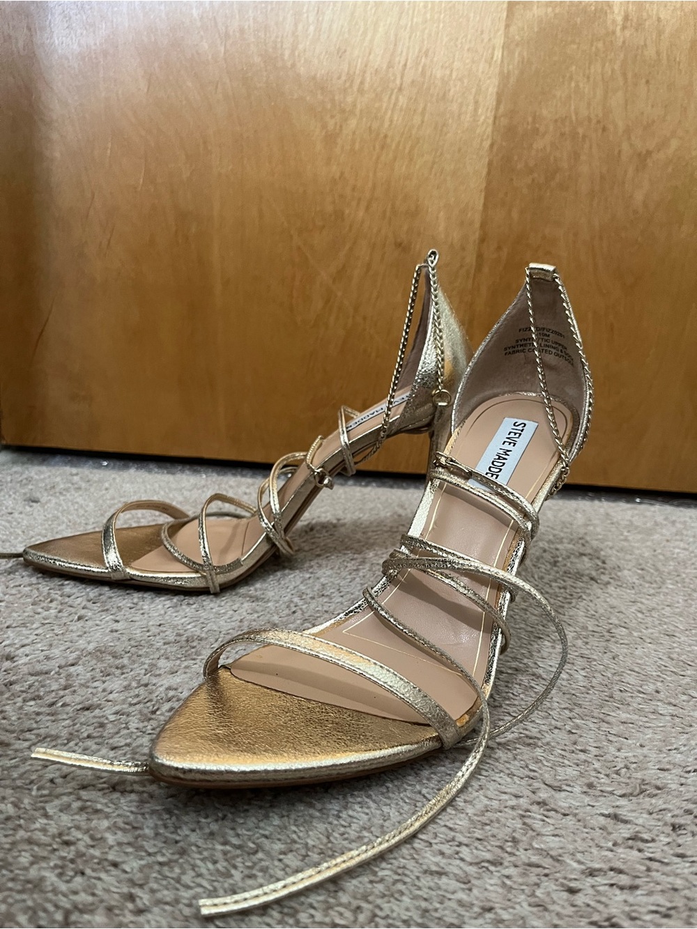 Steve Madden 10M 4.5-Inch Stiletto High Heel Sandals with Gold Metallic Lace-Ups
